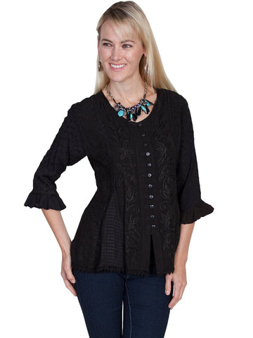 Scully Honey Creek Womens Blouse Black 100% Rayon Embroidered 3/4 Sleeve