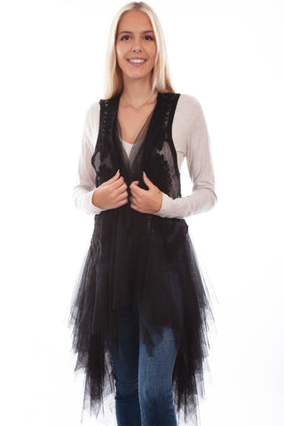 Scully Womens Black Cotton Blend Tulle Layered Duster