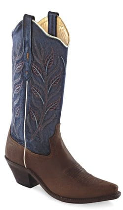 Old West Blue Womens Oily Leather 12in Fancy Stitch Snip Toe Cowboy Boots