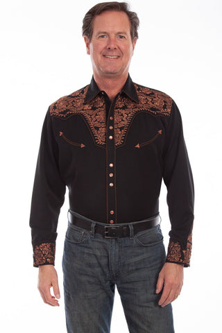 Scully Western Mens Black Polyester L/S Big Tooled Floral Western Shirt
