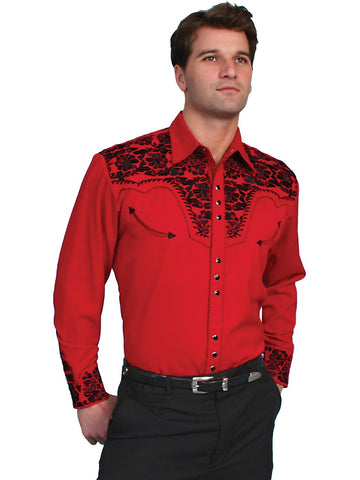 Scully Mens Shirt Western Red Poly Blend Floral Tooled Stitch L/S