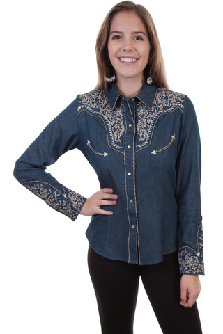 Scully Womens Denim Poly/Rayon Scroll L/S Blouse
