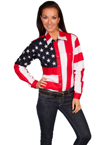 Scully RangeWear Womens Red 100% Cotton American Flag L/S Western Shirt