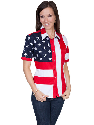 Scully RangeWear Womens Red 100% Cotton American Flag S/S Western Shirt