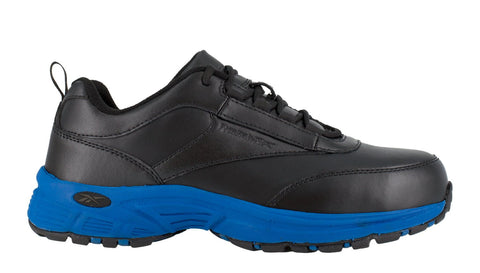 Reebok Mens Black/Blue Leather Athletic Work Oxford Ateron Steel Toe