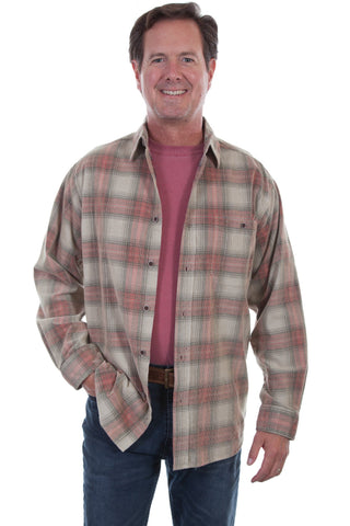 Scully Mens Stone/Red 100% Cotton Cord Plaid L/S Shirt