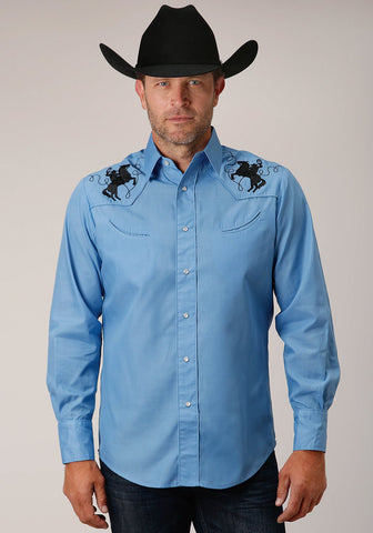 Roper Mens Solid Broadcloth Heritage Blue Cotton Blend L/S Shirt