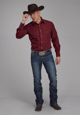 Roper Mens 2124 Broadcloth Wine Cotton Blend L/S Shirt