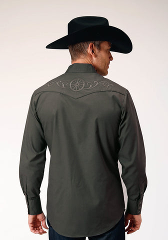 Roper Mens Wagon Wheel Grey Cotton Blend L/S Shirt