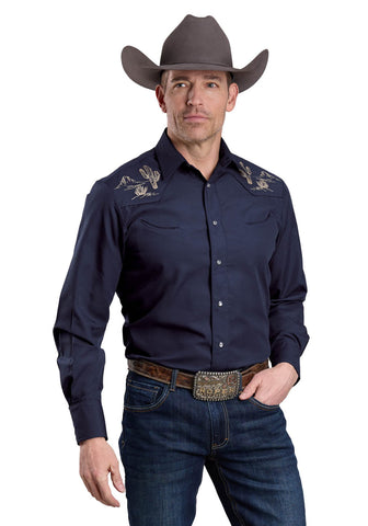 Roper Mens Cactus Desert Scene Navy Cotton Blend L/S Shirt