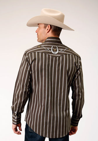 Roper Mens Horseshoe Stripe Brown Cotton Blend L/S Shirt