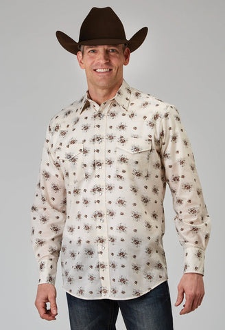 Roper Mens Vintage Floral Cream Cotton Blend L/S Shirt