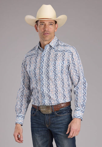Roper Mens 2429 Paisley Trellis Blue Cotton Blend L/S Shirt
