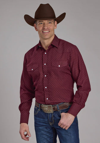 Roper Mens 2287 Dot Print Wine Cotton Blend L/S Shirt