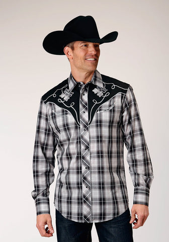 Roper Mens Grey Plaid Black Cotton Blend L/S Shirt