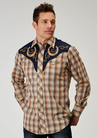 Roper Mens Fancy Yoke Horseshoe Brown Cotton Blend L/S Shirt