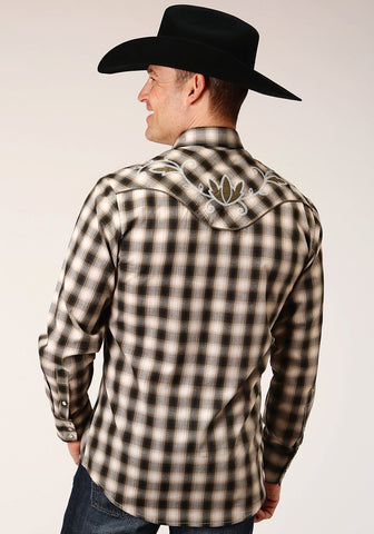Roper Mens Black/Olive Cotton Blend Plaid L/S Shirt