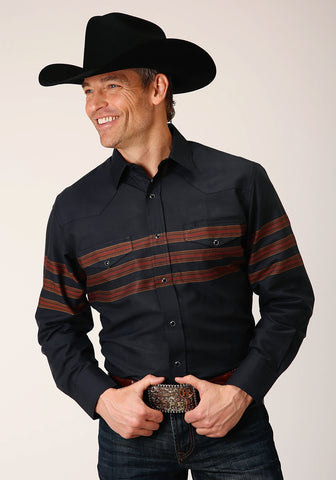 Roper Mens Saddle Border Stripe Black Cotton Blend L/S Shirt