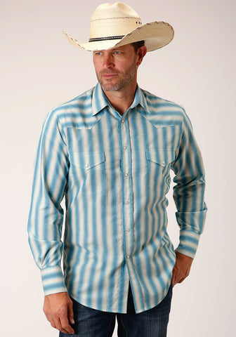 Roper Mens 55/45 Ombre Stripe Aqua/Cream Cotton Blend L/S Shirt