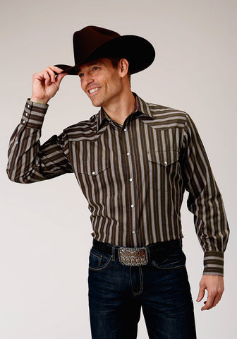 Roper Mens Chocolate Stripe Brown Cotton Blend L/S Shirt