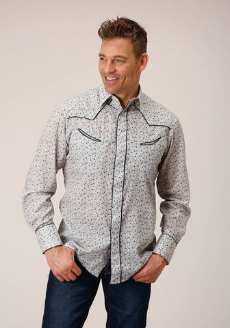 Roper Mens 1626 Retro Mini Floral Blue Cotton Blend L/S Shirt