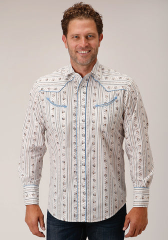 Roper Mens Wallpaper Stripe Fancy White Cotton Blend L/S Shirt