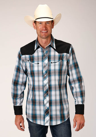 Roper Mens Retro Peacock Plaid Blue/White Cotton Blend L/S Shirt