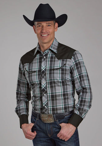 Roper Mens 2105 Plaid Retro Grey/Black Cotton Blend L/S Shirt