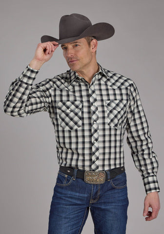 Roper Mens 2125 Plaid Blue/Black Cotton Blend L/S Shirt
