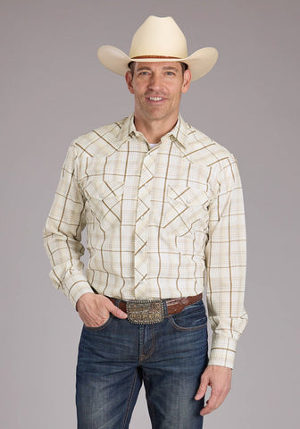 Roper Mens 2406 Neutral Plaid Tan Cotton Blend L/S Shirt