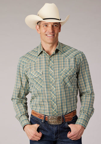 Roper Mens 2075 Plaid Cream/Teal Cotton Blend L/S Shirt
