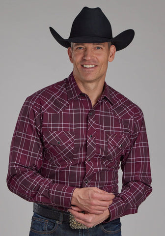Roper Mens 2104 Plaid Wine/White Cotton Blend L/S Shirt