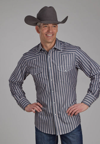 Roper Mens 2113 Stripe Dark Charcoal Grey Poly/Cotton L/S Shirt