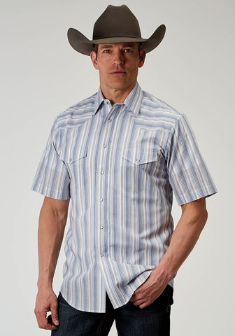 Roper Mens 1966 Blue Stripe Blue Cotton Blend S/S Shirt