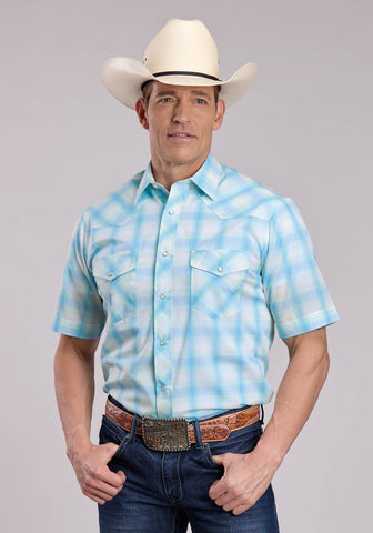 Roper Mens 2907 Plaid Cyan Cotton Blend L/S Shirt