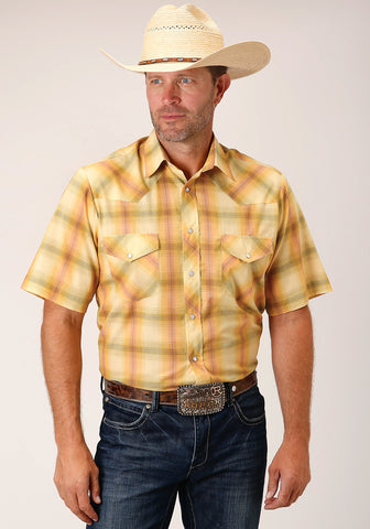 Roper Mens 1511 Plaid Yellow/Tangerine Cotton Blend Tall S/S Shirt
