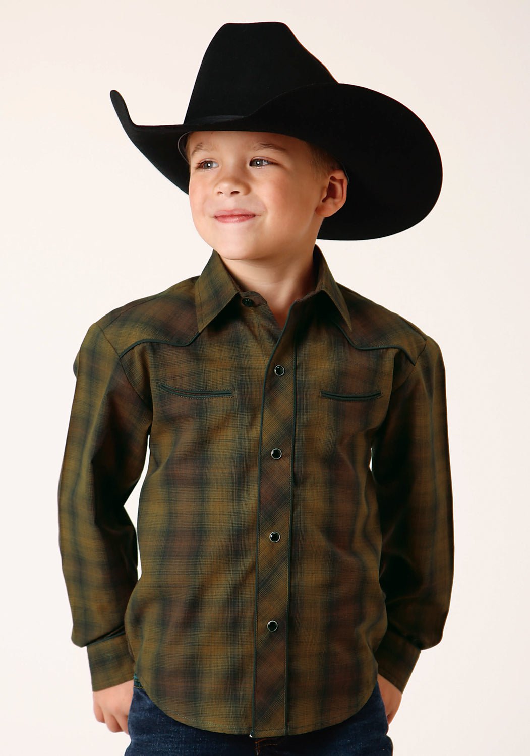 Roper Kids Boys Gold Plaid Black Cotton Blend L/S Shirt The Western Company Roper Kids Boys Gold Plaid Black Cotton Blend L/S Shirt The Western Company