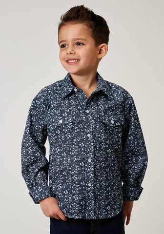 Roper Kids Boys 1962 Ditsy Floral Blue Cotton Blend L/S Shirt