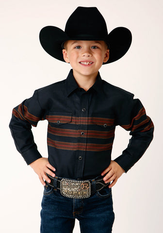 Roper Boys Border Stripe Black Cotton Blend L/S Shirt