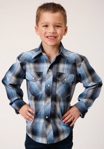 Roper Kids Boys 819 Plaid Light Blue/Navy Cotton Blend L/S Shirt