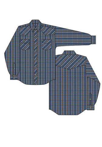 Roper Kids Boys 1507 Small Scale Blue/Butterscotch Cotton Blend L/S Shirt