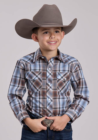 Roper Kids Boys 2906 Plaid Brown/Blue Cotton Blend L/S Shirt