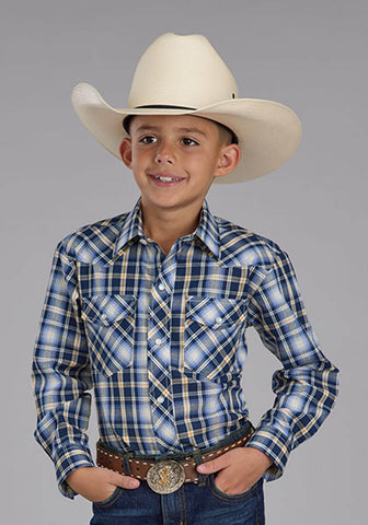 Roper Kids Boys 2484 Western Plaid Navy/Light Blue Cotton Blend L/S Shirt