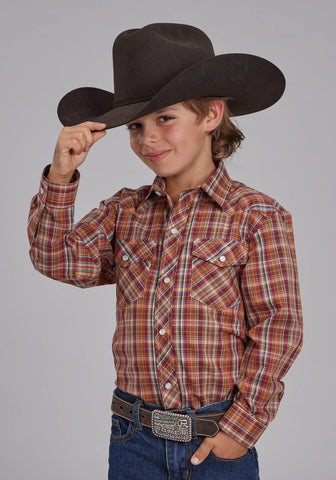 Roper Kids Boys 2110 Plaid Wine/Blue Cotton Blend L/S Shirt