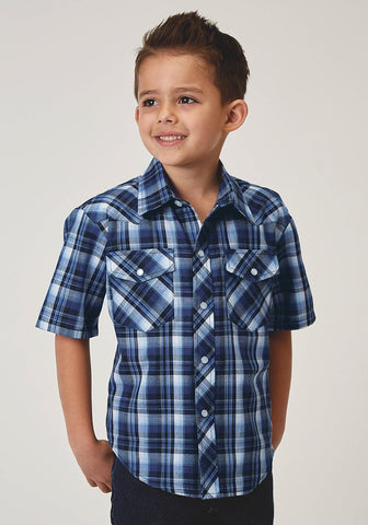 Roper Kids Boys 1975 Midnight Plaid Blue Cotton Blend S/S Shirt