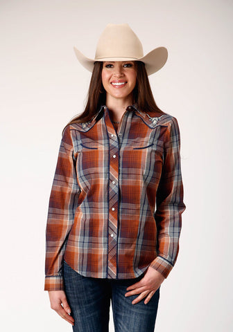 Roper Womens Cream Plaid Brown Cotton Blend L/S Shirt