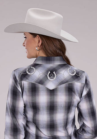 Roper Womens Fancy Horseshoe Yokes Grey/Black/White Cotton Blend L/S Shirt