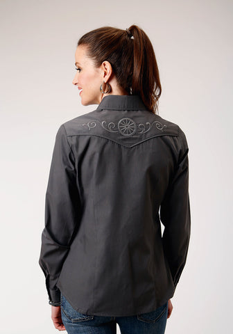 Roper Womens Broadcloth Dark Charcoal Grey Cotton Blend L/S Shirt