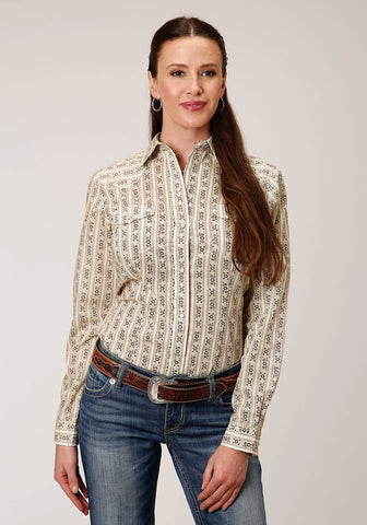 Roper Womens Cream/Brown Cotton Blend Wallpaper Stripe L/S Shirt S