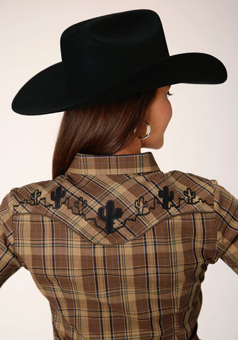 Roper Womens Multi Plaid Brown Cotton Blend L/S Shirt